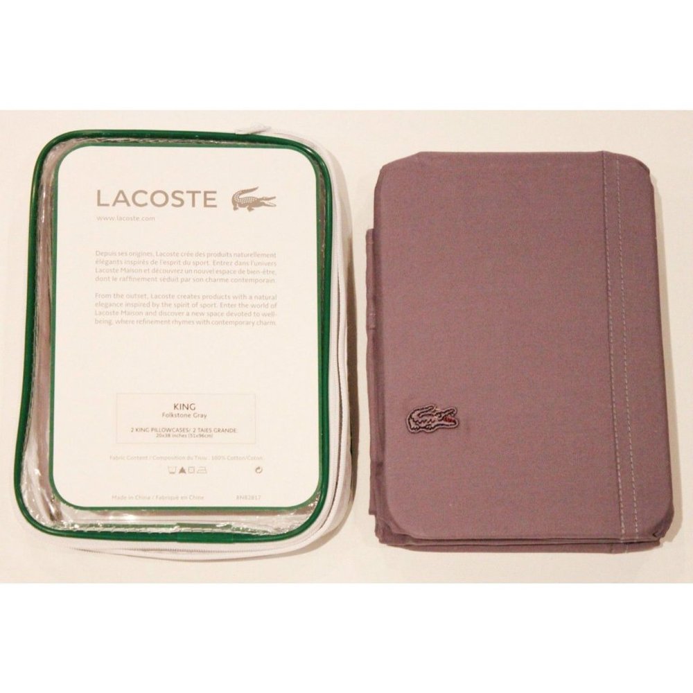 LACOSTE Alligator Logo SET OF 2 King Size PILLOW CASES Folkstone Grey COTTON